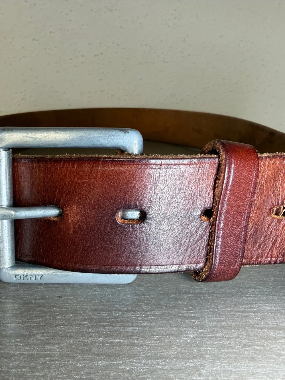 Vintage DKNY Men's Brown Genuine Leather Belt Made In USA Rustic Finish Sz 38
